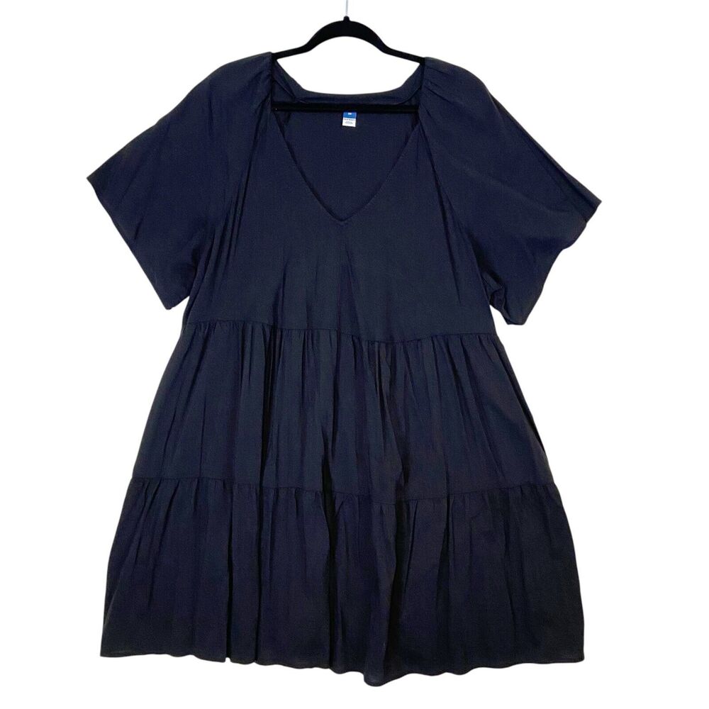 Old Navy Dress Women's 2X Black Tiered A-Line V-Neck Short Sleeve Pockets